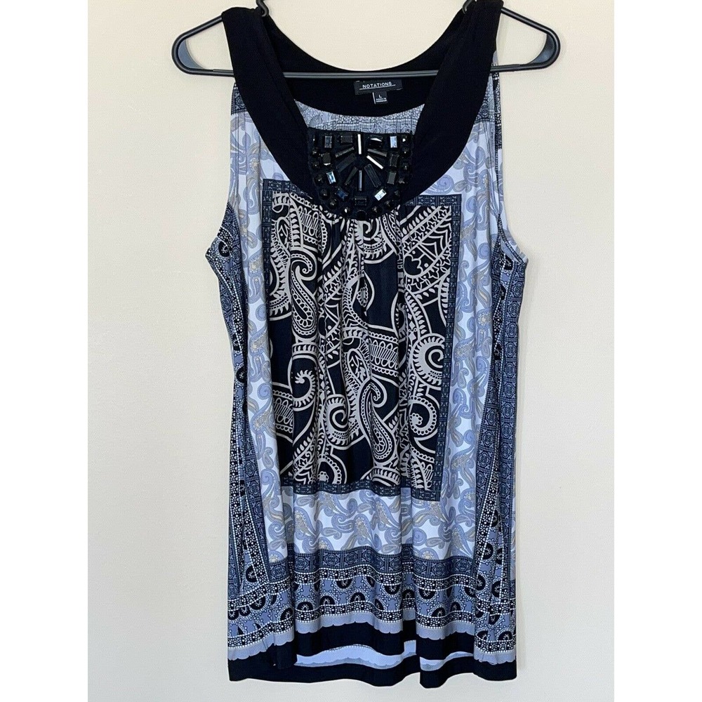 Notations Women's Sleeveless Top Sz L Bohemian Free Spirit Beaded Neck Black Mix